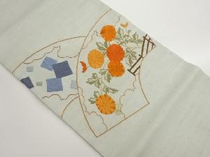 手織り紬地紙に菊・色紙散らし模様刺繍袋帯